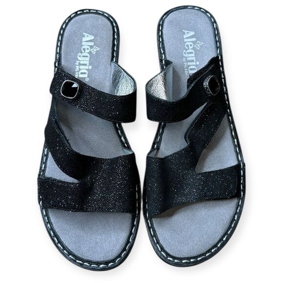 ALEGRIA Women’s Black Glitteroti Loti Wedge Slide Sandals Size 39 (US 9 - Picture 1 of 8